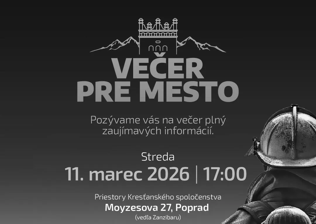 Plagát Večer pre mesto: téma večera Hasiči, streda 11. marec 2026, 17:00, Priestory Kresťanského spoločenstva, Moyzesova 27, Poprad (vedľa Zanziabaru)